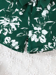 Sleeveless Top & Floral Shorts Bow Decor Cotton & Polyester Blend