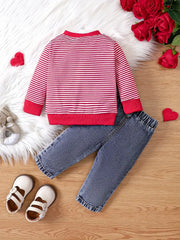 2pcs Striped Elephant Pattern Long Sleeve Top & Denim Trousers Set