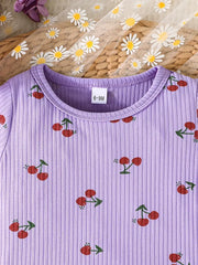 2pcs Set Summer Casual Cartoon Pattern Knit Fabric Short Sleeve T-Shirt and Shorts