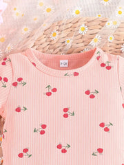 2pcs Set Summer Casual Cartoon Pattern Knit Fabric Short Sleeve T-Shirt and Shorts
