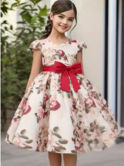 Slim-Fit Bodice & Flared Rose Floral Print Dress with Red Ribbon Belt Skirt