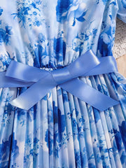 Summer Bubble Sleeve Butterfly Print Pleated Belted Dress