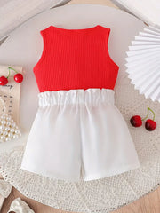 Ribbed U-Neck Bowknot T-Shirt Vest Top + White Elastic Waistband
