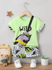 Letter & Motorcycle Print Casual Outfit Round Neck T-shirt & Shorts & Crossbody Bag