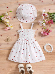 Adorable Summer Heart Print Sleeveless Dress & Hat Set