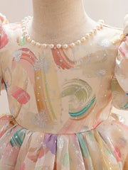 Pearl-Embellished Round Neck Short Sleeve Dress with Ruffled Bubble Cuffs & Bow Waist