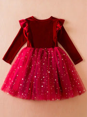 1pc Velvet Long-Sleeve Tutu Dress with Star & Moon Sequin