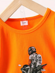 Letter & Motorcycle Print Casual Outfit Round Neck T-shirt & Shorts & Crossbody Bag