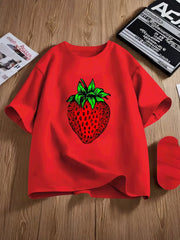 Casual Round Neck with Cute Strawberry Soft Cotton Knit T-Shirt