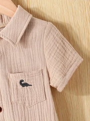 Casual Short Sleeve Dinosaur Embroidered Cotton Romper