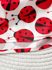 Ladybug Print Long Sleeve Dress with Pleated Hem