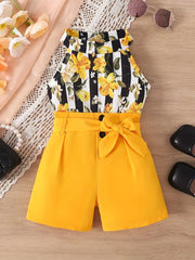 Halter Neck Stripe Top & Belt Shorts Set Holiday Going Out 2PCS