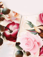 Slim-Fit Bodice & Flared Rose Floral Print Dress with Red Ribbon Belt Skirt