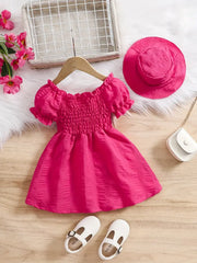 Bubble Sleeve Plain Color Dress with Cute Hat Two-piece Set