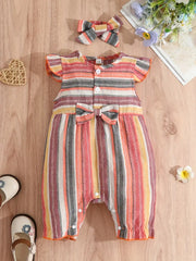 Casual Striped Ruffled Romper With Bow Decoration & Bow Headband Set