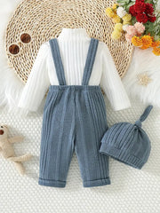 3pcs Forest Style Solid Color Long Sleeve Top + Ribbed Overalls + Hat Set