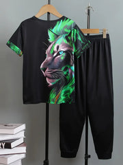 1Round Neck Short-Sleeved T-Shirt + Lion Pattern Positioning Print Tapered Trousers