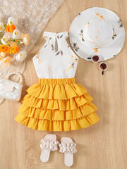 Floral Galter Top & Layered Hem Skirt & Hat