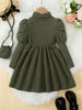 Casual Solid Color Striped High-neck Bubble Long-sleeved Dress