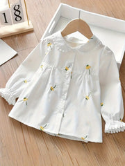 Ruffle Trim Flower Embroidery Button Front Shirt