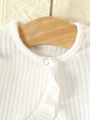 Solid Rib Knit Ruffle Trim Round Neck Long-sleeve Cardigan/Crop Top