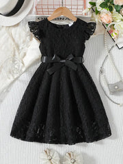 Lace Round Neck Small Flutter Sleeve Zipper Sweet Cute Dress with Belt