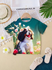 3D Puppy & Floral Print T-Shirt