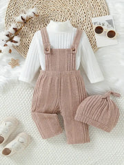 3pcs Forest Style Solid Color Long Sleeve Top + Ribbed Overalls + Hat Set