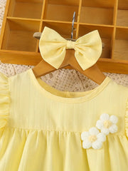 Casual Flower Flying Sleeve Dress + Hair Tie Two-Piece Set