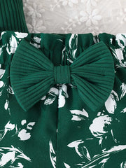 Sleeveless Top & Floral Shorts Bow Decor Cotton & Polyester Blend
