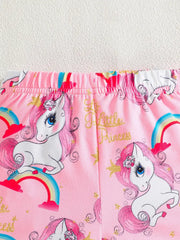 2pcs Cute Unicorn Print Lovely Outfit Cap Sleeve Top & Ruffle Trim Shorts