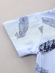 2pcs Set Feather Pattern Short Sleeve Shirt & Shorts
