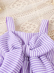 2pcs Charming Striped Bubble Cami Top with Bow & Ruffled Shorts Summer Outfit Set