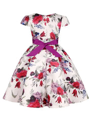 Slim-Fit Bodice & Flared Rose Floral Print Dress with Red Ribbon Belt Skirt