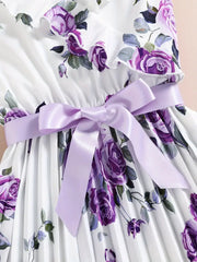 Chic Floral Dress for Girls with V-Neck & Belt