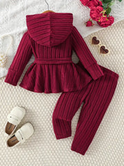 Set: Hooded Long-sleeved Top + Straight Trousers + Belt