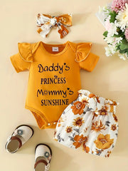 3pcs Short-Sleeved Shorts Suit With Letter Top Printed Pants