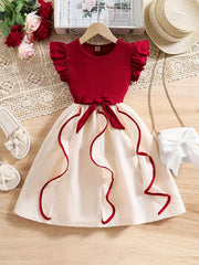 Casual Round Neck Fit and Flare Apricot Ruffle Sleeve Dress