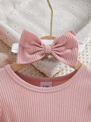 Round Neck Long Sleeve Cute Mesh Knee-Length Fashionable Dress + Bow Headband Two-Piece Set