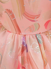 Pearl-Embellished Round Neck Short Sleeve Dress with Ruffled Bubble Cuffs & Bow Waist