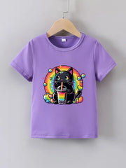 Casual Crew Neck Short Sleeve "Rainbow Black Cat" Print T-Shirt