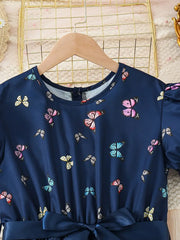 Summer Bubble Sleeve Butterfly Print Pleated Belted Dress