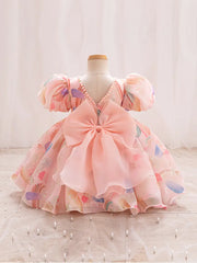 Pearl-Embellished Round Neck Short Sleeve Dress with Ruffled Bubble Cuffs & Bow Waist