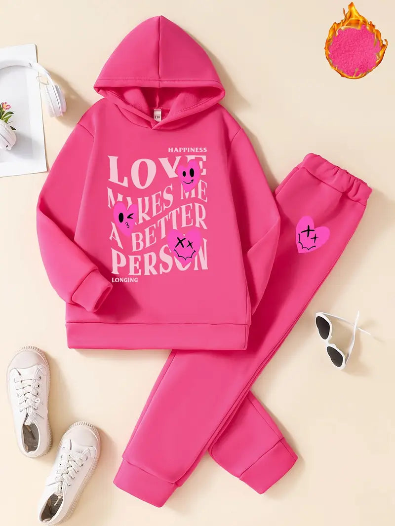 2pcs Warm Hoodie with joyful Face & Letter Print Set