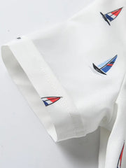 Casual & Formal White Button-Up Nautical-Themed Short Sleeve Shirt