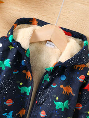 Dinosaur Hooded Jacket Full-Zip Loose-Fit Coat with Dino Print