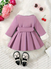 1pc Cute Fuzzy Collar Toddler Coat with Bow Detail