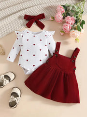 Long Sleeve Heart Print Dress with Matching Headscarf + Paisley Print Skirt Three-Piece Set
