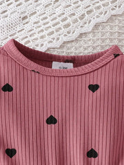 Long Sleeve Ribbed Dress with Heart Pattern & Bow Headband