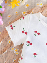 2pcs Set Summer Casual Cartoon Pattern Knit Fabric Short Sleeve T-Shirt and Shorts